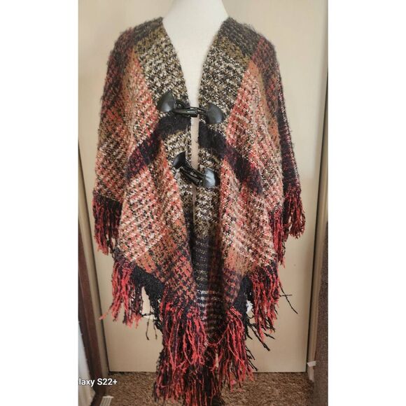 024 Coco & Carmen soft knitted cape fastens w toggles. Orange n brown Fall Color - Picture 1 of 8